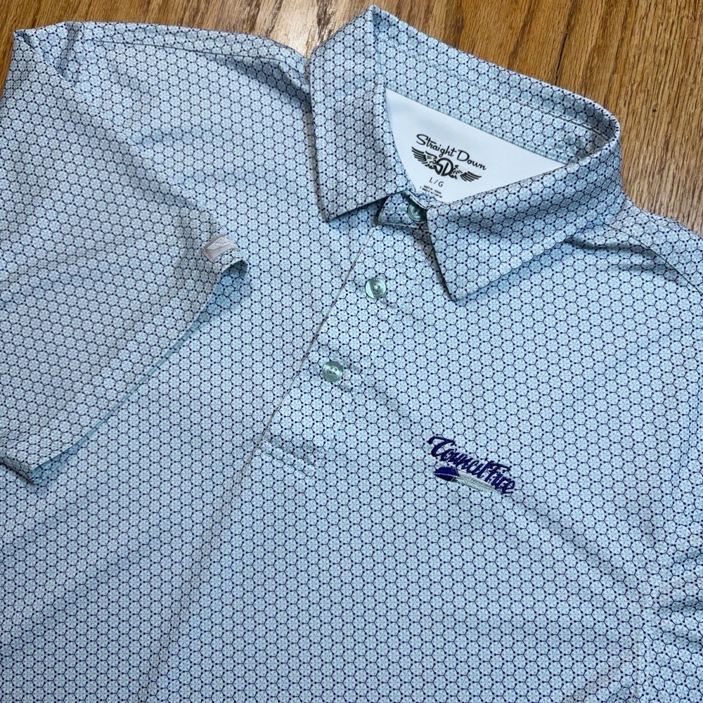 Straight Down Polo Shirt Mens Large Council Fire Golf Club Blue Geometric